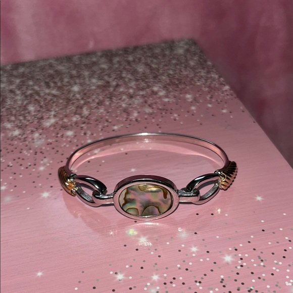 Avon Vintage Silver, Gold Tone Abalone Hinged Bangle Bracelet - Picture 3 of 9